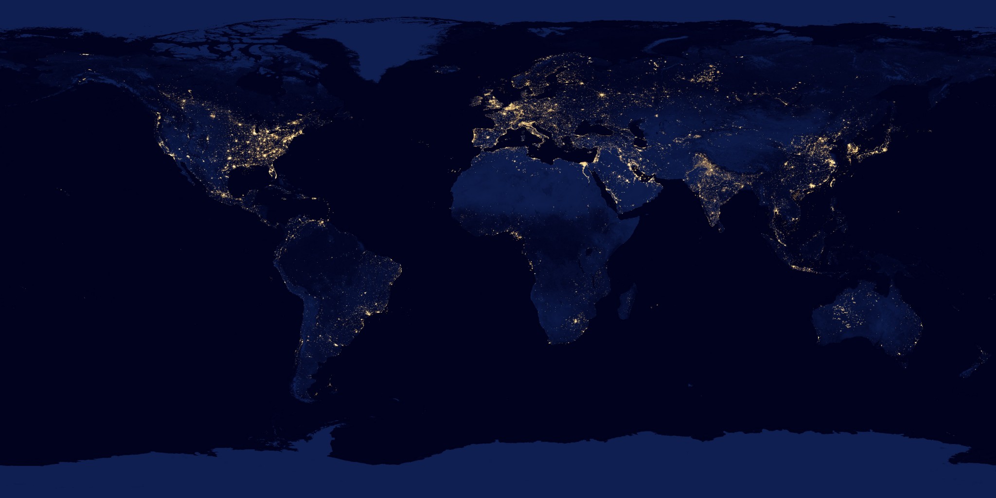 A NASA satellite image of the world's night lights conveys economic information about developed and developing countries.